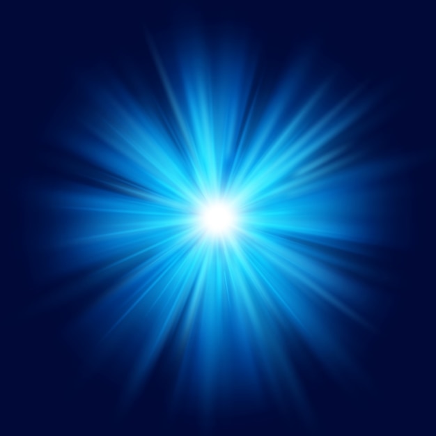Vector deep blue glow star burst flare explosion transparent light effect.