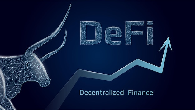 Вектор Бычий тренд децентрализованного финансирования defi с многоугольной головой быка и стрелкой вверх на темно-синем фоне векторная иллюстрация