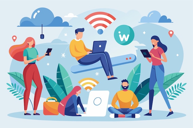 Vector a diverse group of individuals sitting together engaged with a laptop screen people surfing on social media using devices technology and wifi simple and minimalist flat vector illustration
