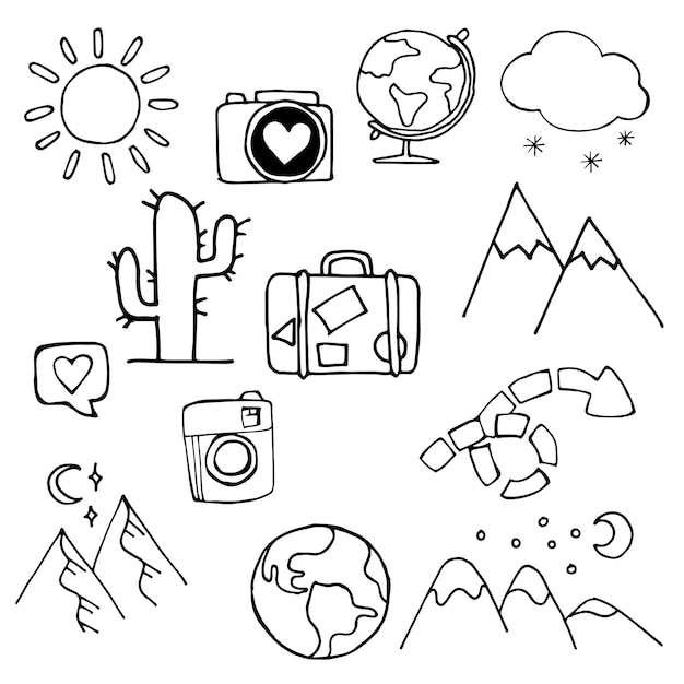 рисунок в стиле каракули набор туристических символов путешествия отдых