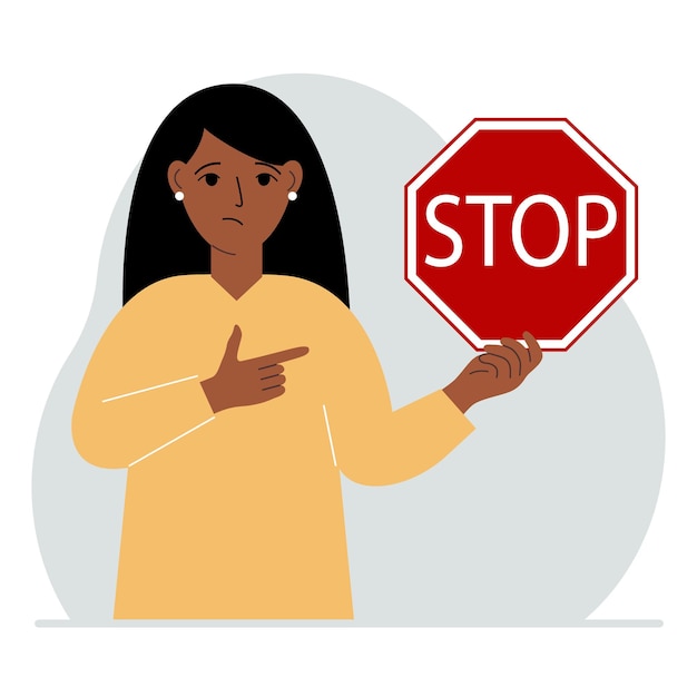 Vector een vrouw houdt een rood stopbord in zijn hand