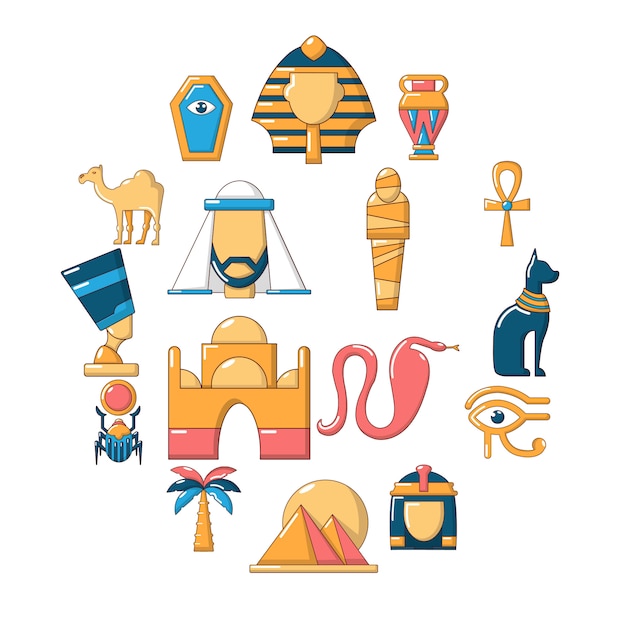 Вектор Набор иконок путешествия египет, мультяшном стиле