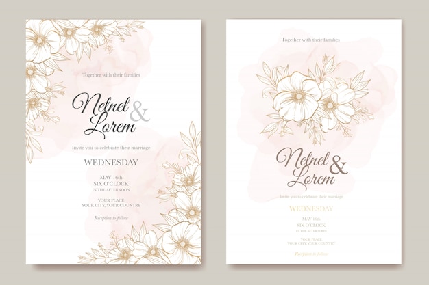 Элегантная линия Арт Свадебная открытка с красивым цветочным и листьями шаблон