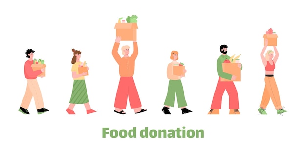 Баннер пожертвований еды с людьми, держащими продуктовые коробки с плоской векторной иллюстрацией