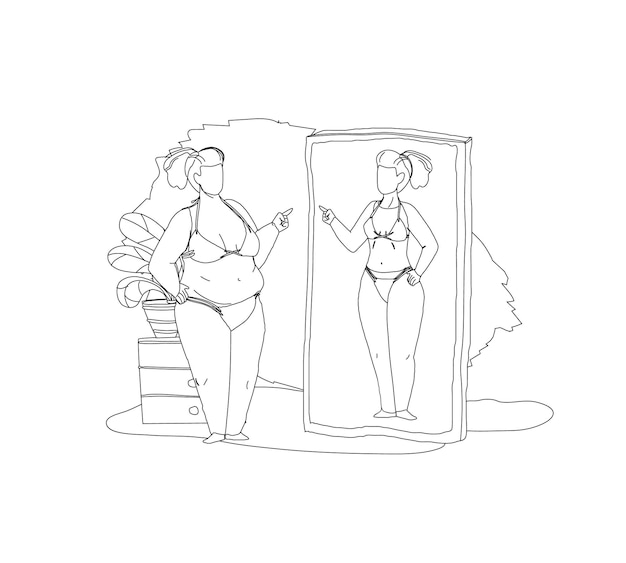 Вектор Толстая пухлая женщина, смотрящая в зеркало, видя тонкий векторный рисунок контура отражения красоты. концепция проблемы избыточного веса, фитнеса или диеты и психологии
