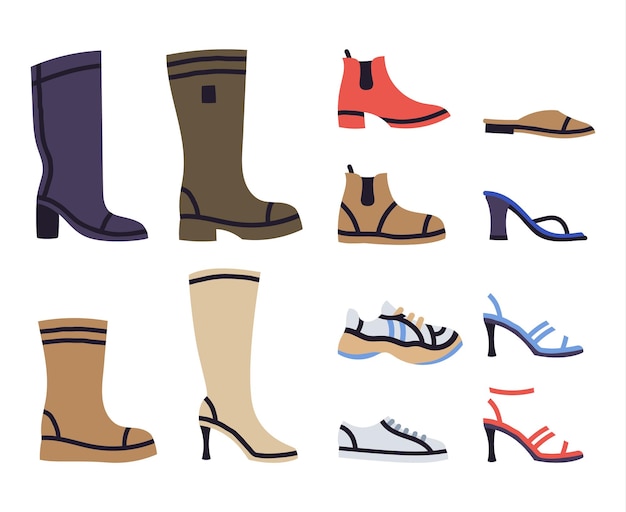 Fashion female shoes boots sneakers sandals modern vector illustration set