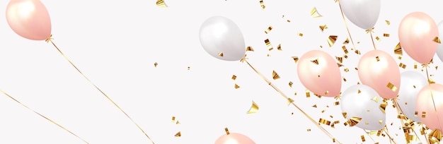 Вектор Праздничный фон с гелиевыми шарами. отпразднуйте день рождения, плакат, баннер с юбилеем. реалистичные элементы декоративного дизайна. вектор 3d объект баллон, розовый и белый цвет. полет вверх