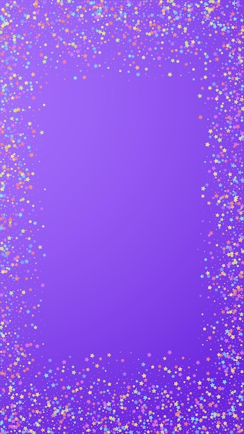 Вектор Праздничное творческое конфетти. праздник звезд. красочные звезды маленькие на фиолетовом фоне. изящный праздничный шаблон накладки. вертикальный векторный фон.