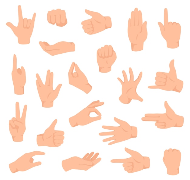 Vector flat hands. man hand various gestures, fist. open palm victory and thumbs up, pointing finger sign