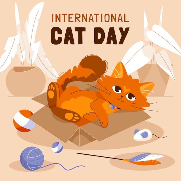 Вектор Плоская иллюстрация международного дня кошек с кошкой в коробке