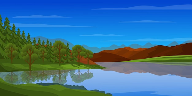 Vector flat river background portraying evening in trees and hills