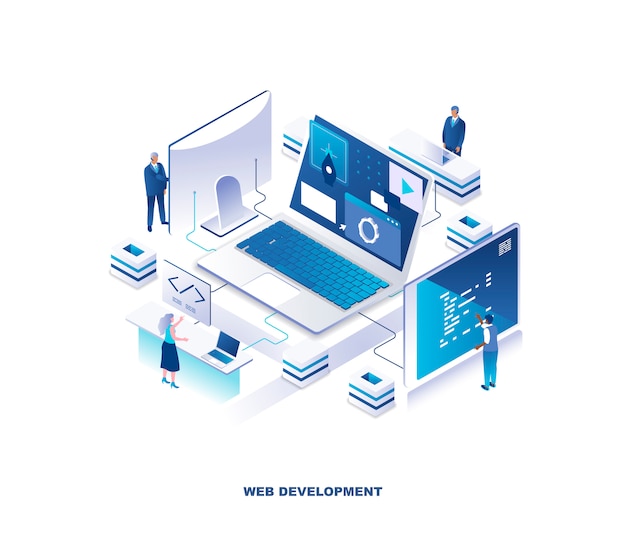 Vector front-end and back-end web development, coding isometric concept