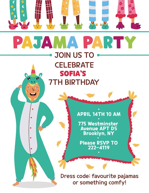 Вектор Приглашение на вечеринку kids pajama kigurumi unicorn