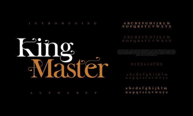 Kingmaster premium lusso elegante alfabeto lettere e numeri elegante tipografia nuziale classica