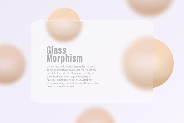 Vector horizontal glass translucent banner with levitating balls and spheres abstract glass morphism background
