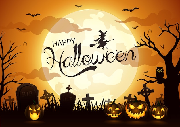 Хэллоуин ночной фон с тыквой, векторные иллюстрации