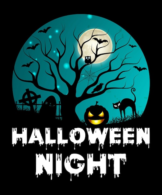 Halloween night Halloween pumpkin cat bat grave scary light moon night vintage retro shirt design