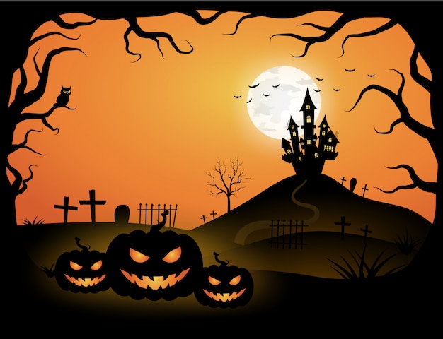 Шаблон хеллоуина оранжевый в взгляде ночного неба с темным деревом, тыквой, замком и полнолунием.