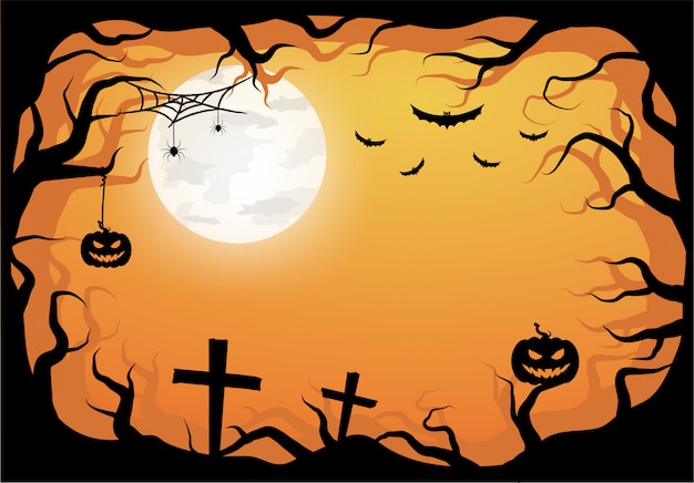 Шаблон хеллоуина оранжевый в взгляде ночного неба с темным деревом, тыквой и полнолунием.