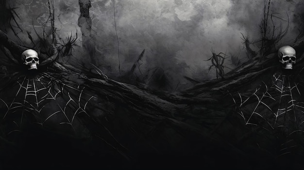 Вектор Хэллоуин на заднем плане с жутким темным лесом и человеческим черепом
