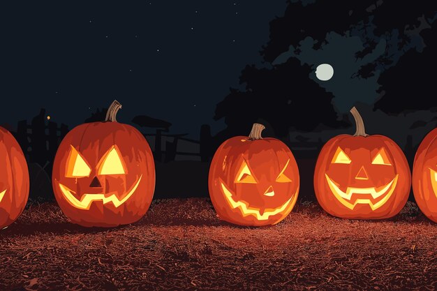Вектор Хэллоуинский фон с светящимися тыквенными головами и свечами высоко детальная реалистичная иллюстрация