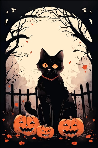 Баннер Хэллоуина с традиционными символами Иллюстрация черной кошки