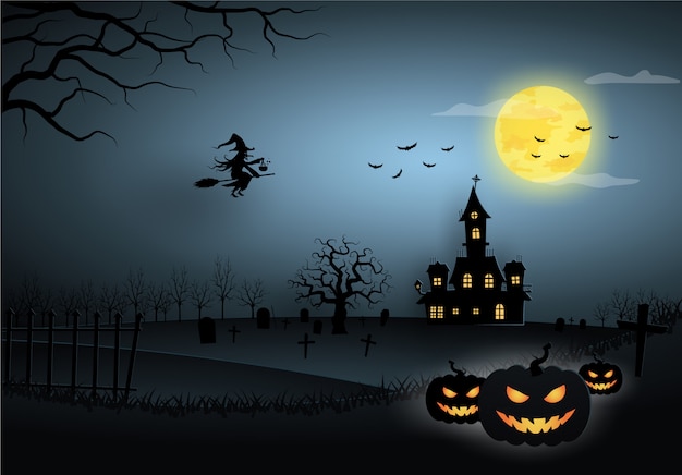 Шаблон хеллоуина голубой в взгляде ночного неба с ведьмой, тыквой, замком и полнолунием.