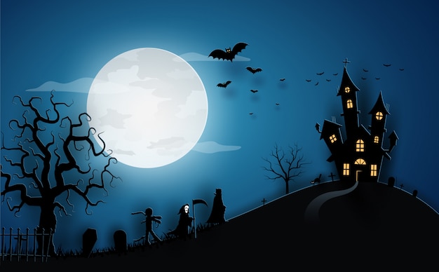 Шаблон хеллоуина голубой в взгляде ночного неба с тыквой, замком, талисманом и полнолунием.