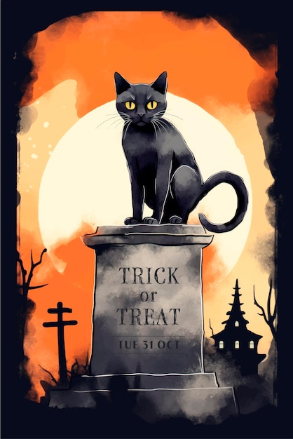 Открытка на Хэллоуин с черной кошкой, сидящей на могиле