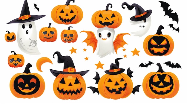 Вектор Иллюстрация хэллоуина с тыквами, ведьмами, летучими мышами и элементами декора наклейки хэллоуин