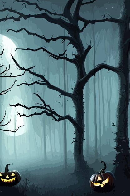 Вектор Хэллоуинские тыквы в темной жуткой лесной векторной иллюстрации к хэллоуину