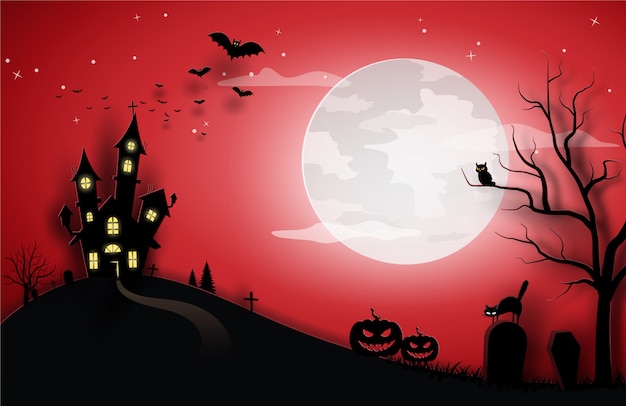 Хэллоуин красный шаблон в ночном небе с кошкой, тыквой, замком и полной луной.