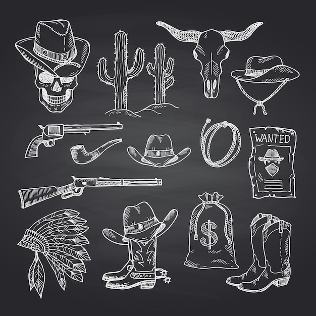 Vector hand drawn wild west cowboy set