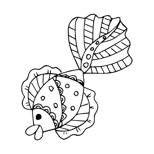 Рыба, нарисованная вручную в стиле каракулей или эскизов, один элемент в черно-белом цвете