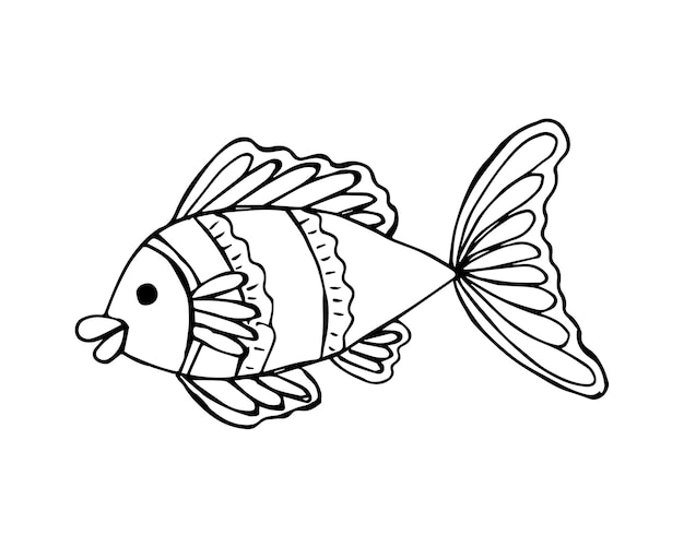 Рыба, нарисованная вручную в стиле каракулей или эскизов, один элемент в черно-белом цвете