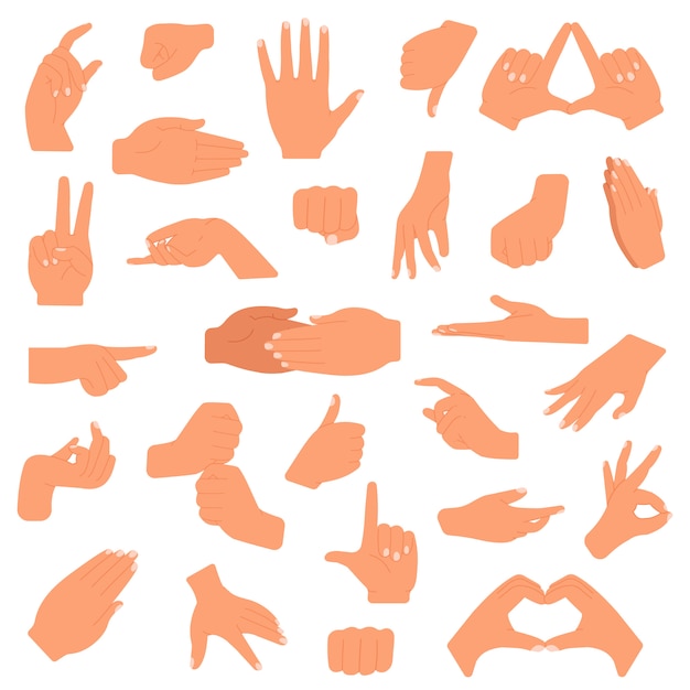 Vettore gesti con le mani. indicando le mani, gesticolando linguaggio di comunicazione, insieme dell'illustrazione di azione di gesto della palma. gesto della mano, segnale del pollice, pugno e punta verso l'alto