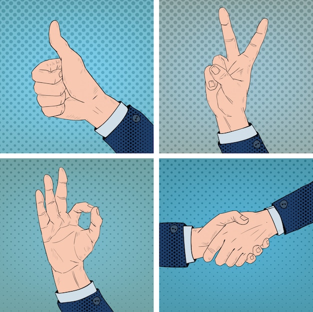 Вектор Набор жестов рук в стиле комиксов поп-арт
