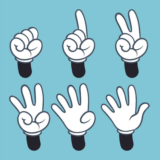 Ручные номера. Мультфильм руки людей в перчатке, язык жестов ладонь два три один четыре пальца граф, иллюстрация