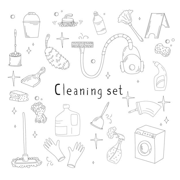 Handdrawn set with elements of cleaning products Vacuum cleaner mops gloves rags in the doodle style