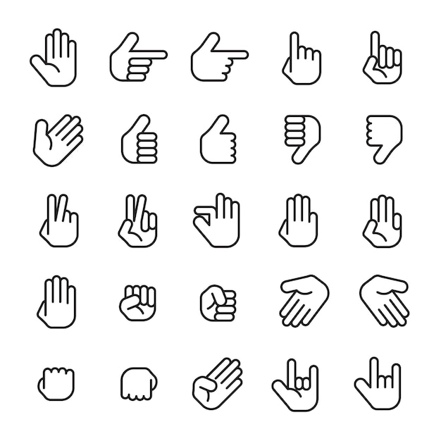 Vector hands collection line icon hand counting and hand gesture icon such as like love fist thin line