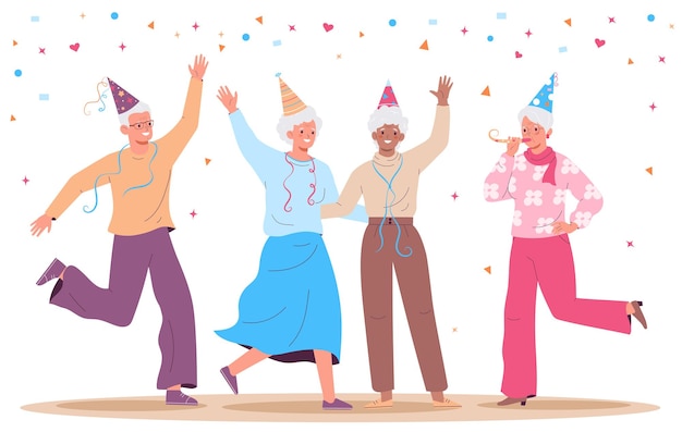 Вектор Счастливые пожилые люди танцуют со своими друзьями и веселятся в веселом настроении. концепция здорового образа жизни и активной старости. вектор