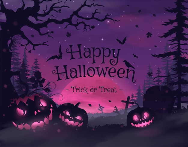 Счастливый Хэллоуин баннер или приглашение на вечеринку фон с фиолетовыми облаками тумана и тыквами