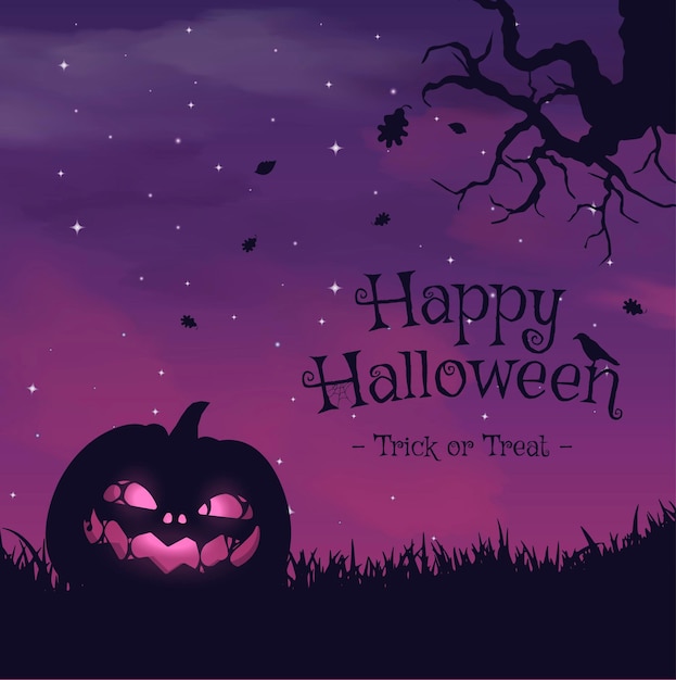 Счастливый Хэллоуин баннер или приглашение на вечеринку фон с фиолетовыми облаками тумана и тыквами