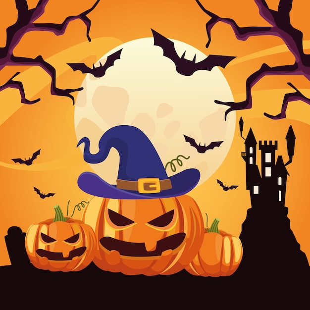 Счастливая открытка на хэллоуин с замком и сценой из тыкв