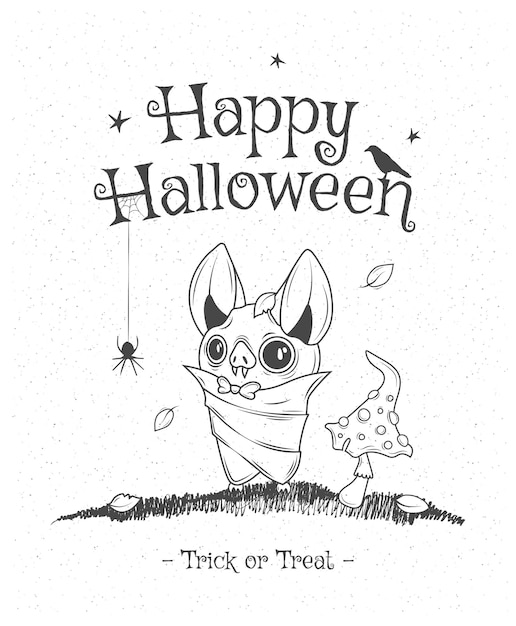 Поздравительная открытка на Хэллоуин с милой мультяшной летучей мышью Ручной рисунок векторной иллюстрации