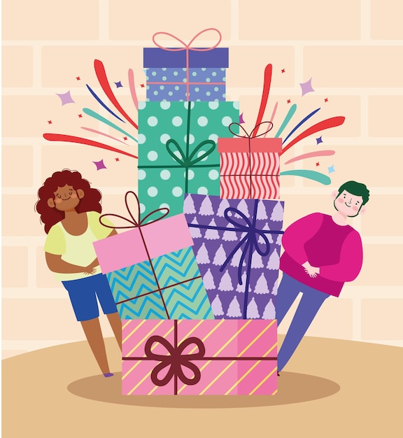 Vector happy man and woman stack of gifts celebration party cartoon  illustration