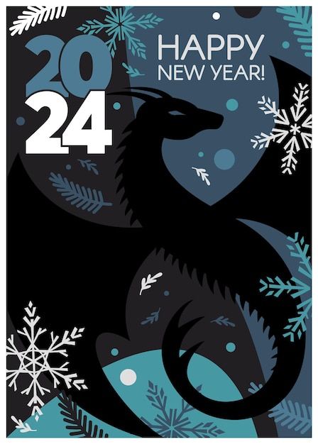 Вектор С новым годом 2024 баннер с снежинками дракона и текстом векторная плоская иллюстрация