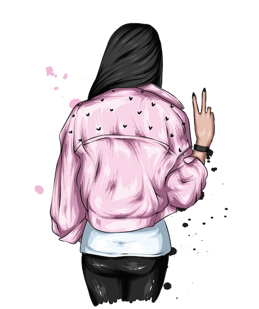 Vector hipster girl in stylish jacket