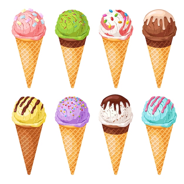 Vector ice cream collectionset of different colorful scoops in various flavorsaffle conesummer dessert