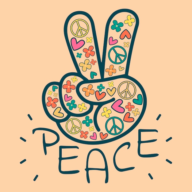 Vector icon sticker in hippie style with floral v sign and text peace on a beige background with flowers hearts and peace signs